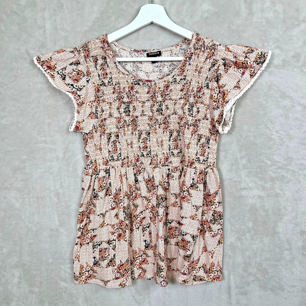 Torrid Babydoll Smocked Bodice Top Brown Tan Ditsy Floral Sz 0 Peasant Bloomcore